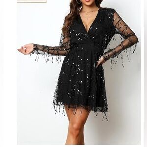 DGMYG Long Sleeve Black Sequin Mini Dress